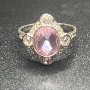 Vintage pink crystal cocktail ring silver tone rhinestone halo